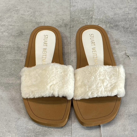Stuart Weitzman Women's Natural Cammy Shearling Strap Slide Sandal SZ 6 B - Picture 2 of 9